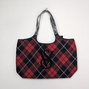 NWT $60 Victoria's Secret Red Black Sherpa Logo Plaid Tote Weekender Travel Bag